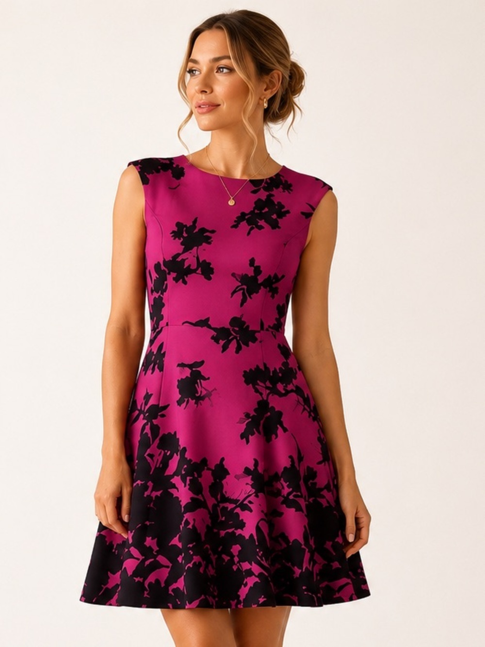 NWT London Times Petite Pink Black Floral Fit & Flare Dress 10P